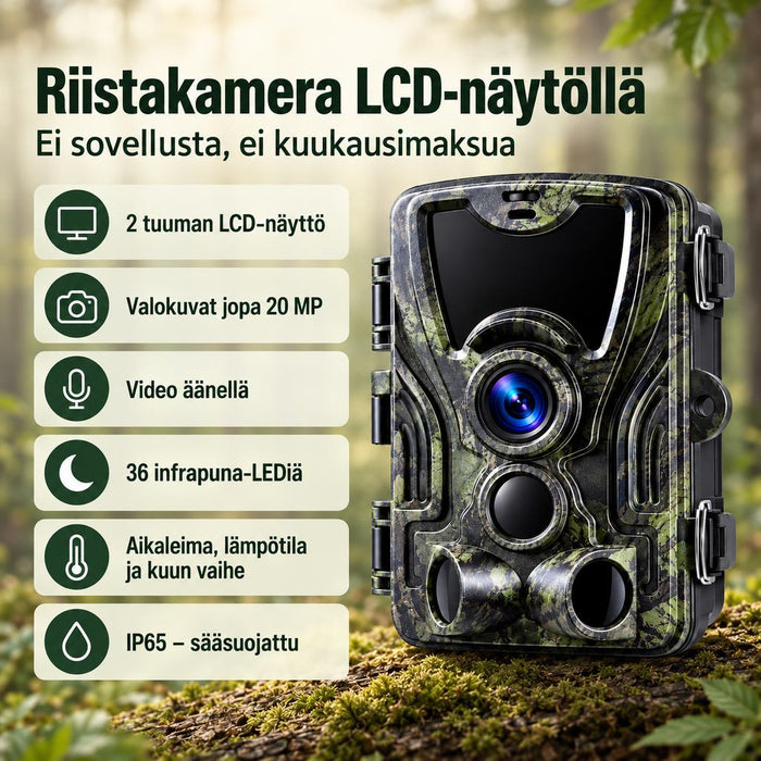 Riistakamera 20 MP LCD-näytöllä – aikaleima, lämpötila ja kuun vaihe