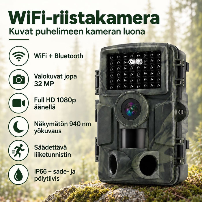 WiFi-riistakamera 32 MP – Full HD, kuvat puhelimeen ilman kuukausimaksua