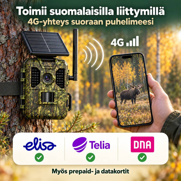 Lähettävä riistakamera 4G 4K aurinkopaneelilla – SIM ja 128 Gt mukana